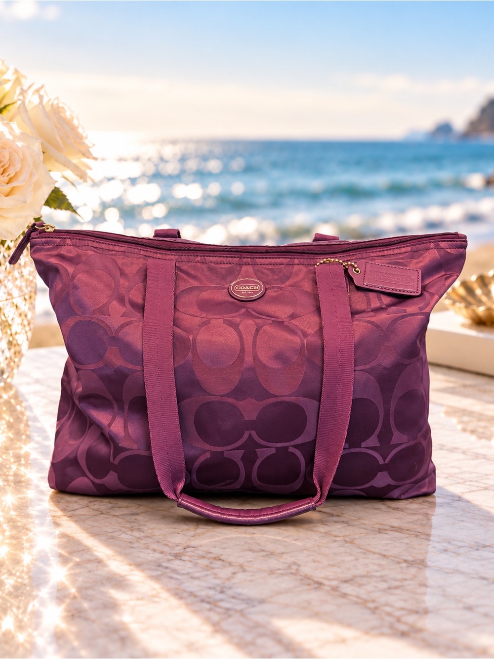 Coach Purple Signature Nylon Large Tote Bag Zip Top Shoulder Bag